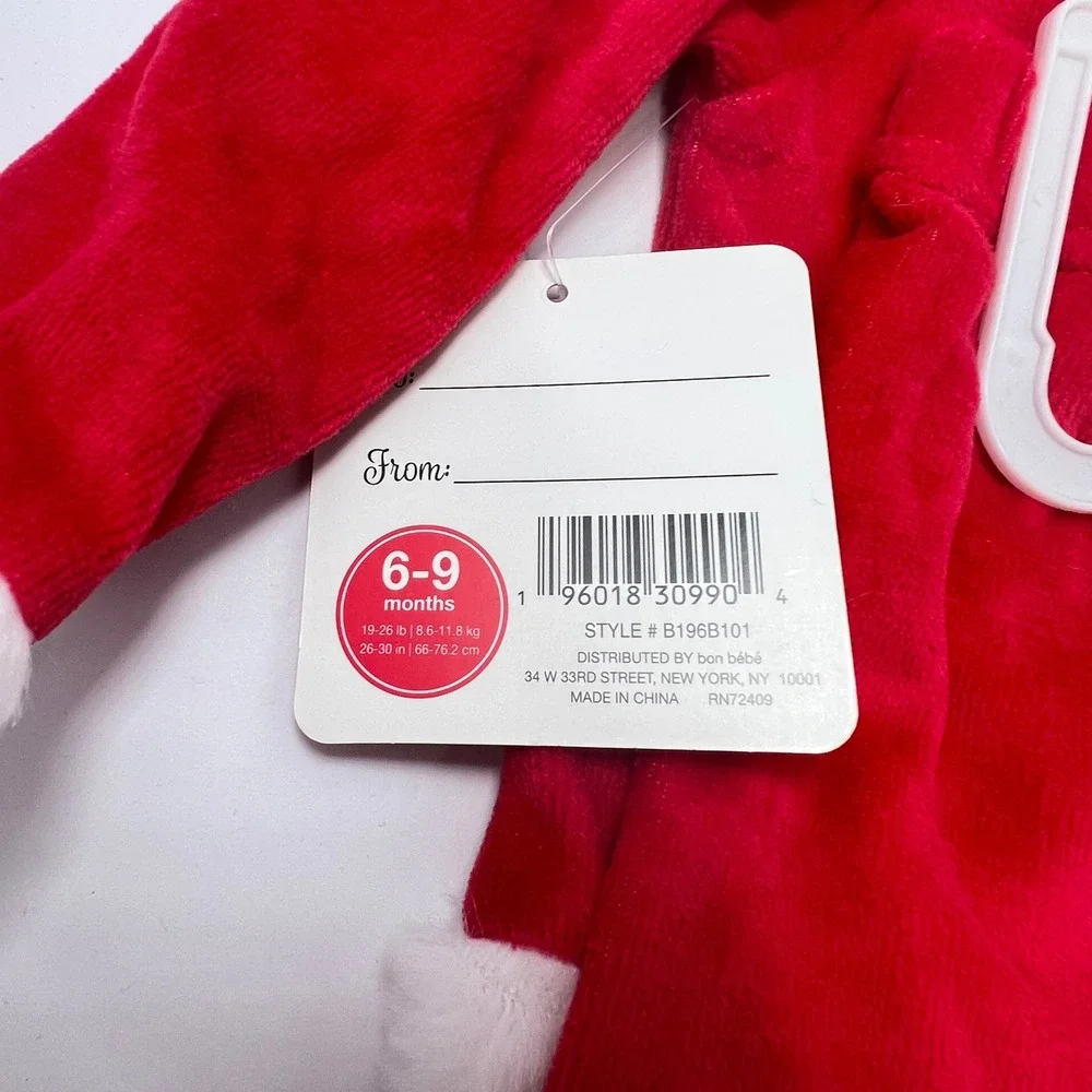 Bon Bebe Santa Set 6-9 Month Red Fleece Costume Christmas Holiday Outfit Hat NWT